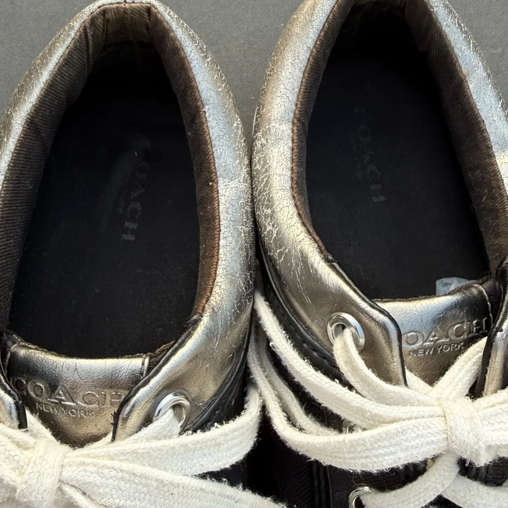 Coach Francesca lace-up sneakers in black metallic silver/pewter trim‎ 9.5